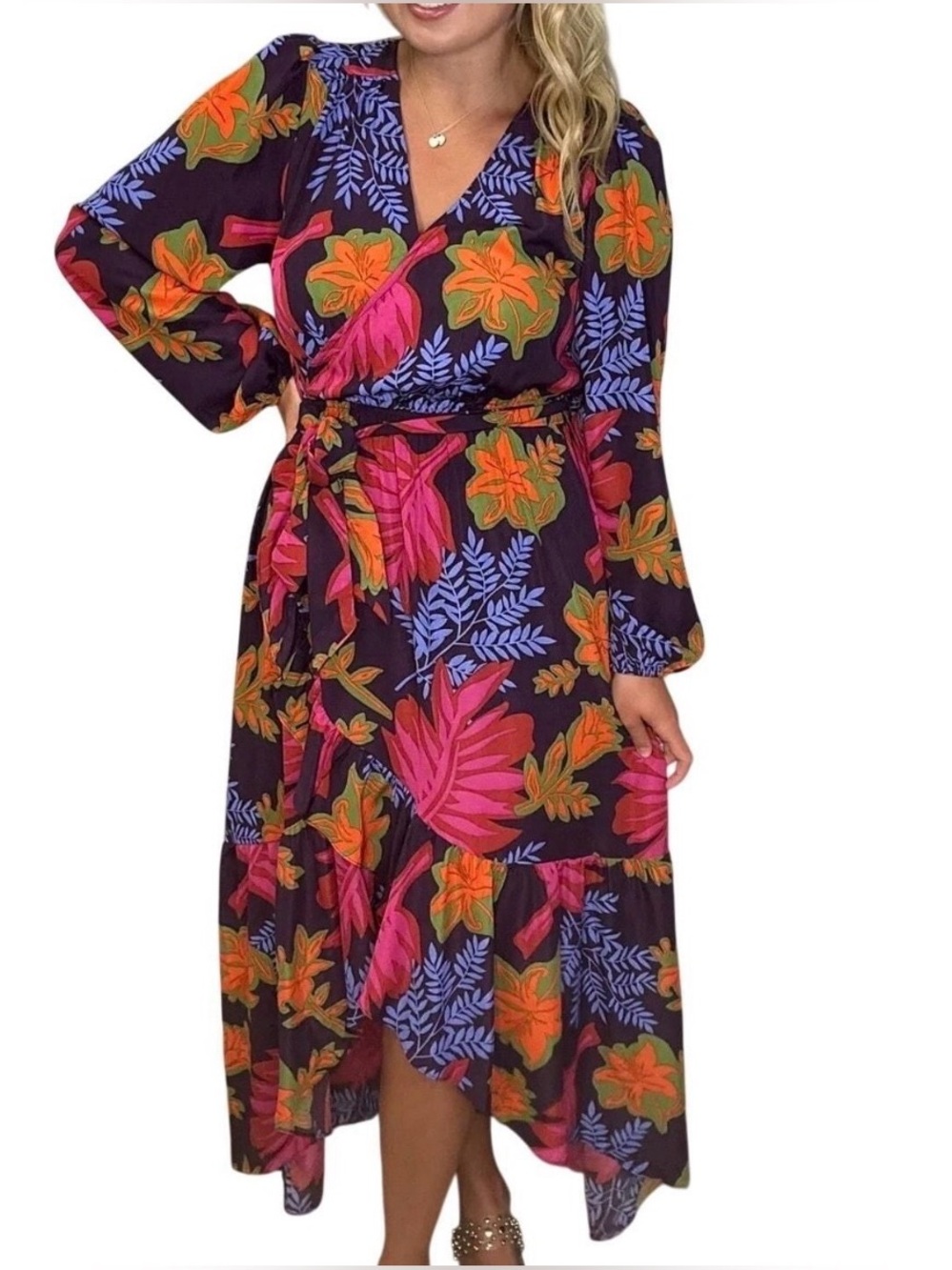 Easel Plum Magenta Floral Ruffle Hi Low Belted Dress Women’s Size Medium NWT